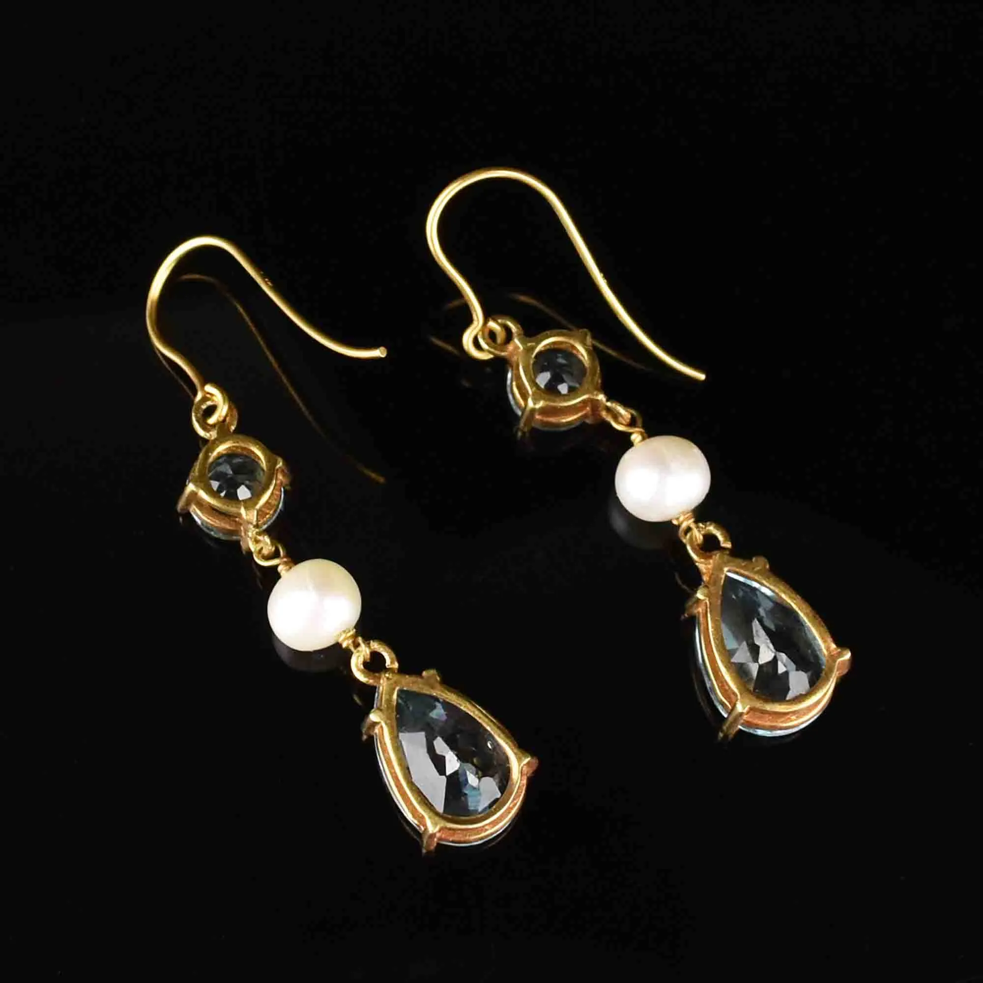 Vintage Gold Pearl Blue Topaz Dangle Earrings