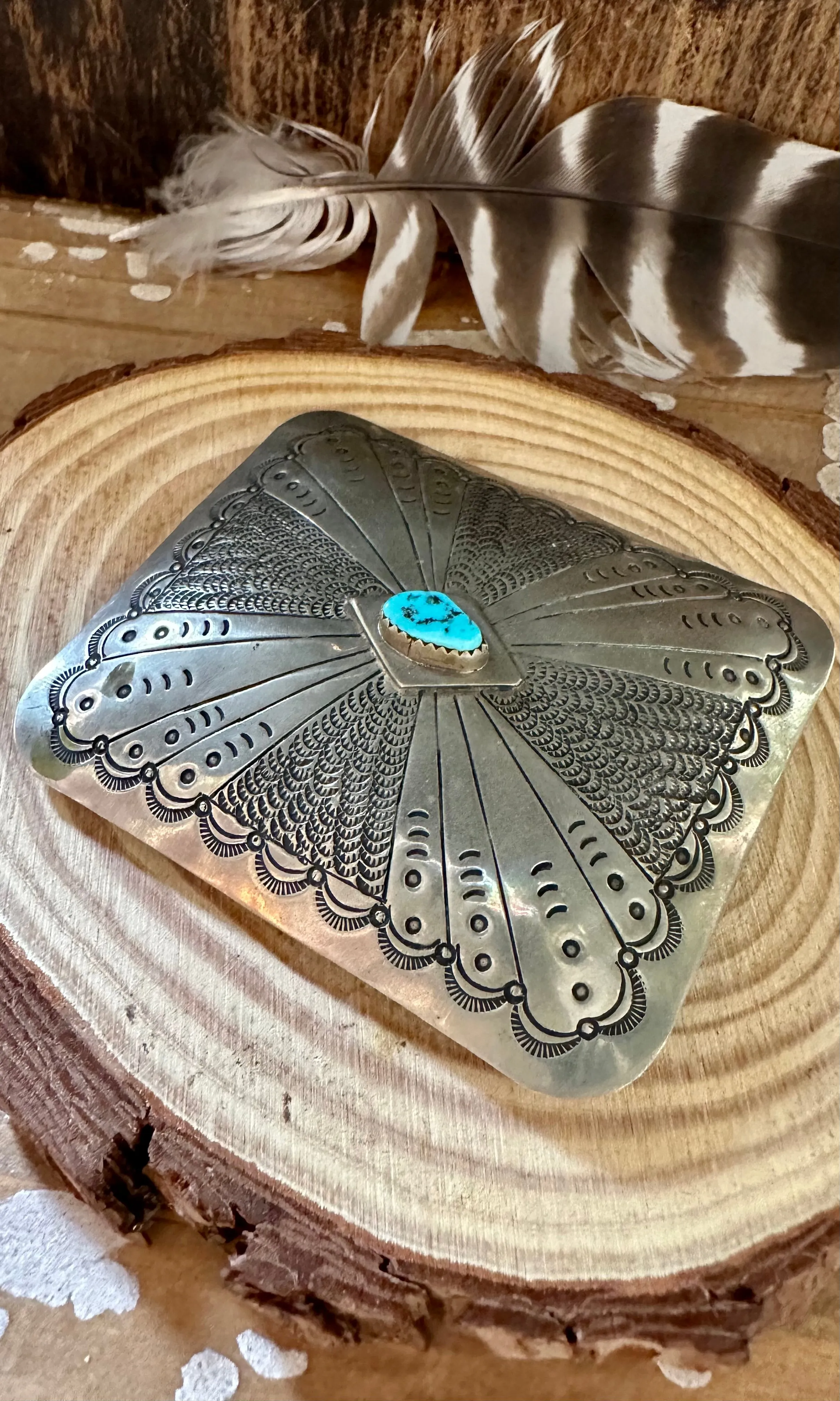 VINTAGE PEACOCK Silver Nickel and Turquoise Large Belt Buckle