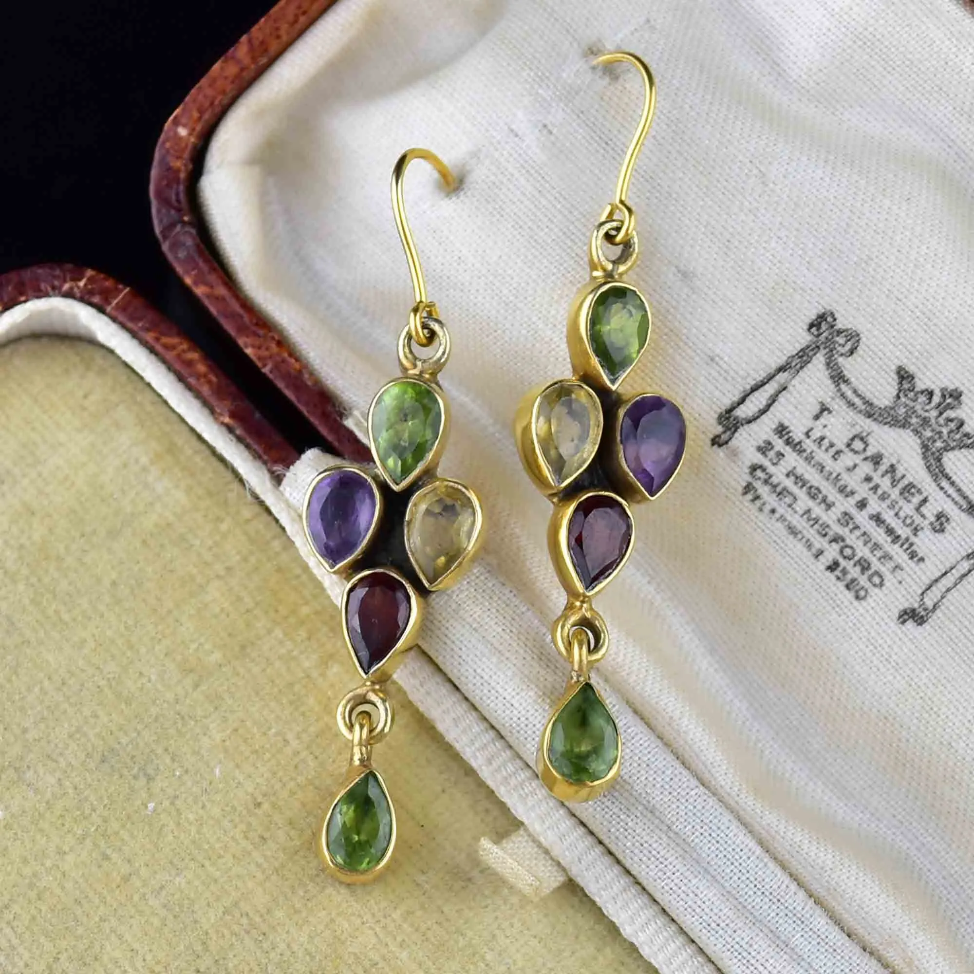 Vintage Peridot Amethyst Citrine Dangle Earrings