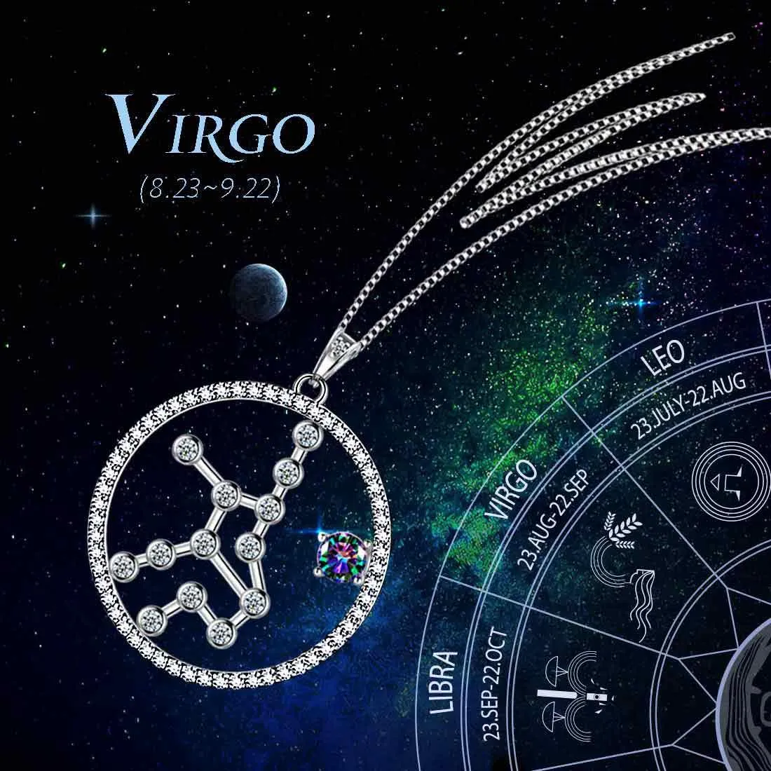 Virgo Zodiac Necklace Pendant Women Girls Jewelry Birthday Gift Mystic Topaz 925 Silver