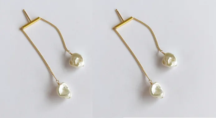 White Keshi Pearls Twin Earrings with Gold-filled Chain