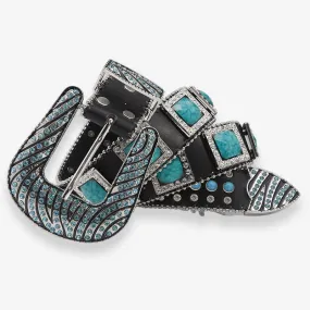 Women's Blue Bling Rhinestones Turquoise Leather Belt