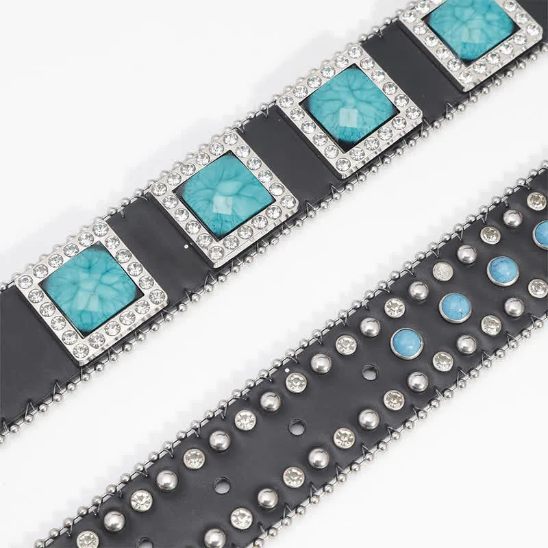 Women's Blue Bling Rhinestones Turquoise Leather Belt