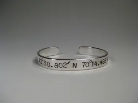 Women's Sterling Silver Cuff w/ Latitude & Longitude, 8mm, Large Text