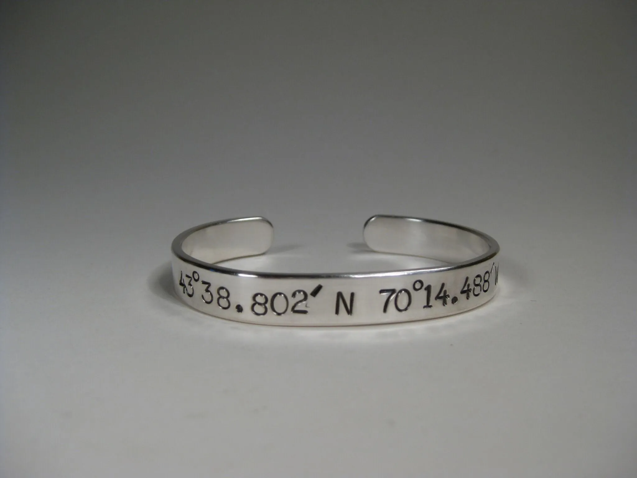 Women's Sterling Silver Cuff w/ Latitude & Longitude, 8mm, Large Text