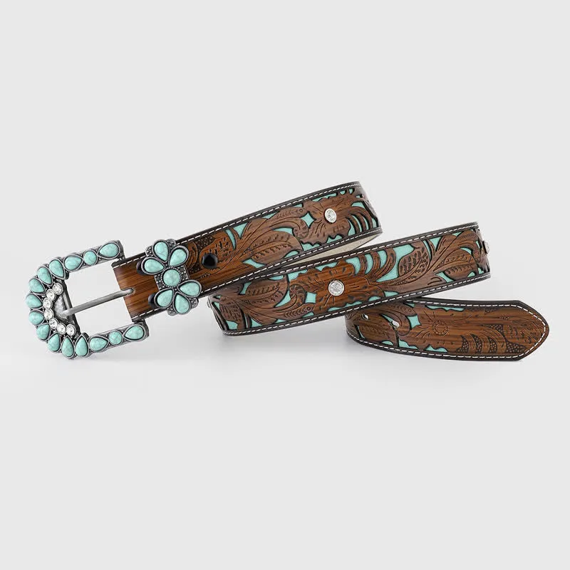 Women's Turquoise Embossed Flower Western Leather Belt